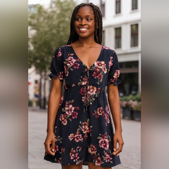 2/$30 EXHILARATION Barbiecore Fairy Grunge Floral Navy Dress Pink Flowers (#465) - Picture 1 of 10